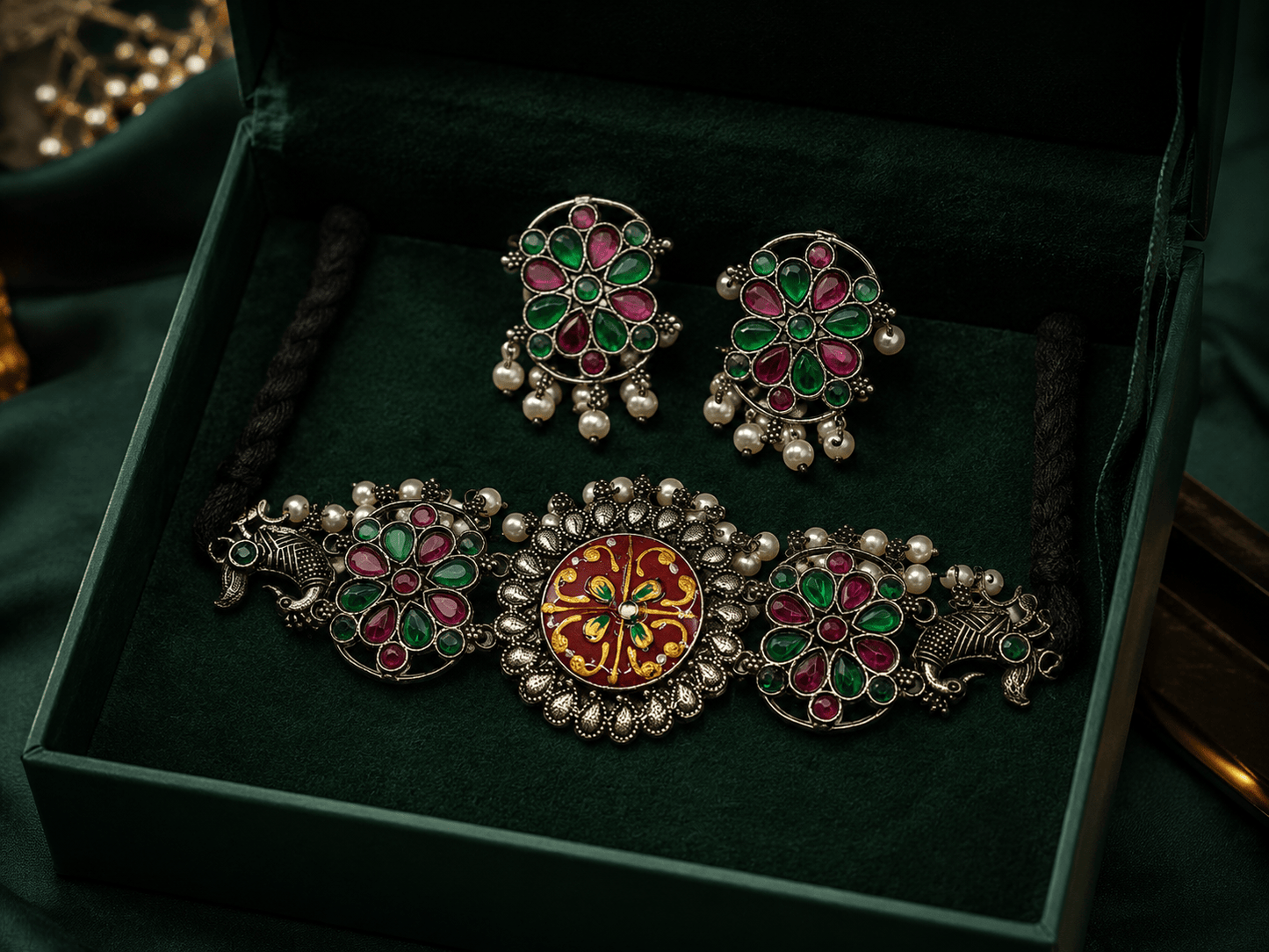 Silver Finish Floral Kundan Choker Necklace with Pearl Drops & Matching Earrings - Soul Jewellery