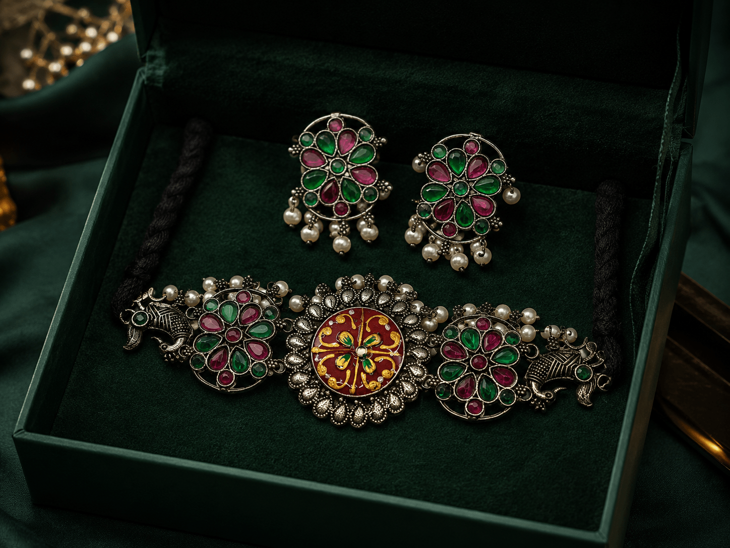 Silver Finish Floral Kundan Choker Necklace with Pearl Drops & Matching Earrings - Soul Jewellery