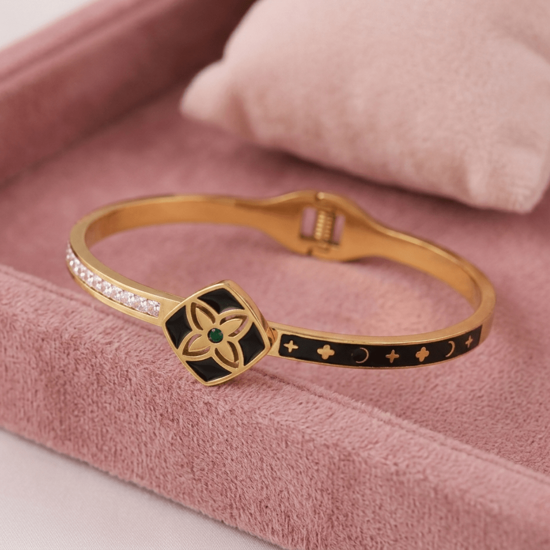 Royal Prosperity 6™ – 22K Gold Plated Anti - Tarnish Openable Kada for Women with Black Enamel & Green Crystal - The Soul Jewellery