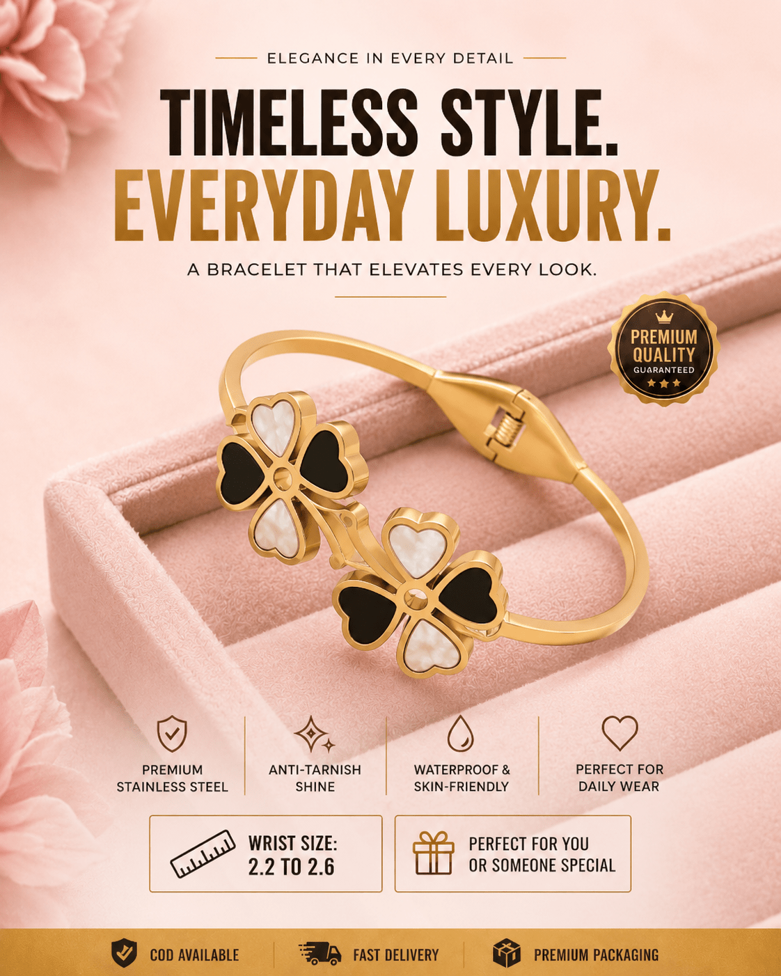 Elegant 18K Gold Plated Clover Flower design Bangle with Black and White Enamel Accents for Women - The Soul Jewellery
