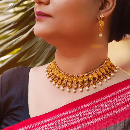 22K Gold - Plated Anisha Choker Temple Necklace Set with Laxmi Devi Motif MGNC101 - The Soul Jewellery