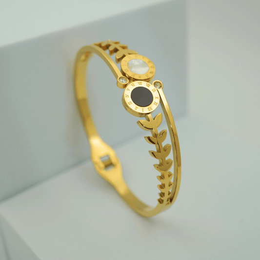 Luxury 18K Gold Plated Anti - Tarnish Roman Dial Bangle with Leaf Motif – Elegant Openable Design RGB312 - The Soul Jewellery