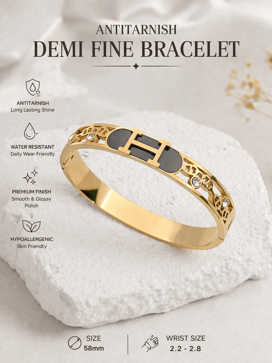 RoseGold Plated Hermès - Inspired Initial Bracelet for Women – Black Enamel & CZ Accents, Anti - Tarnish - The Soul Jewellery