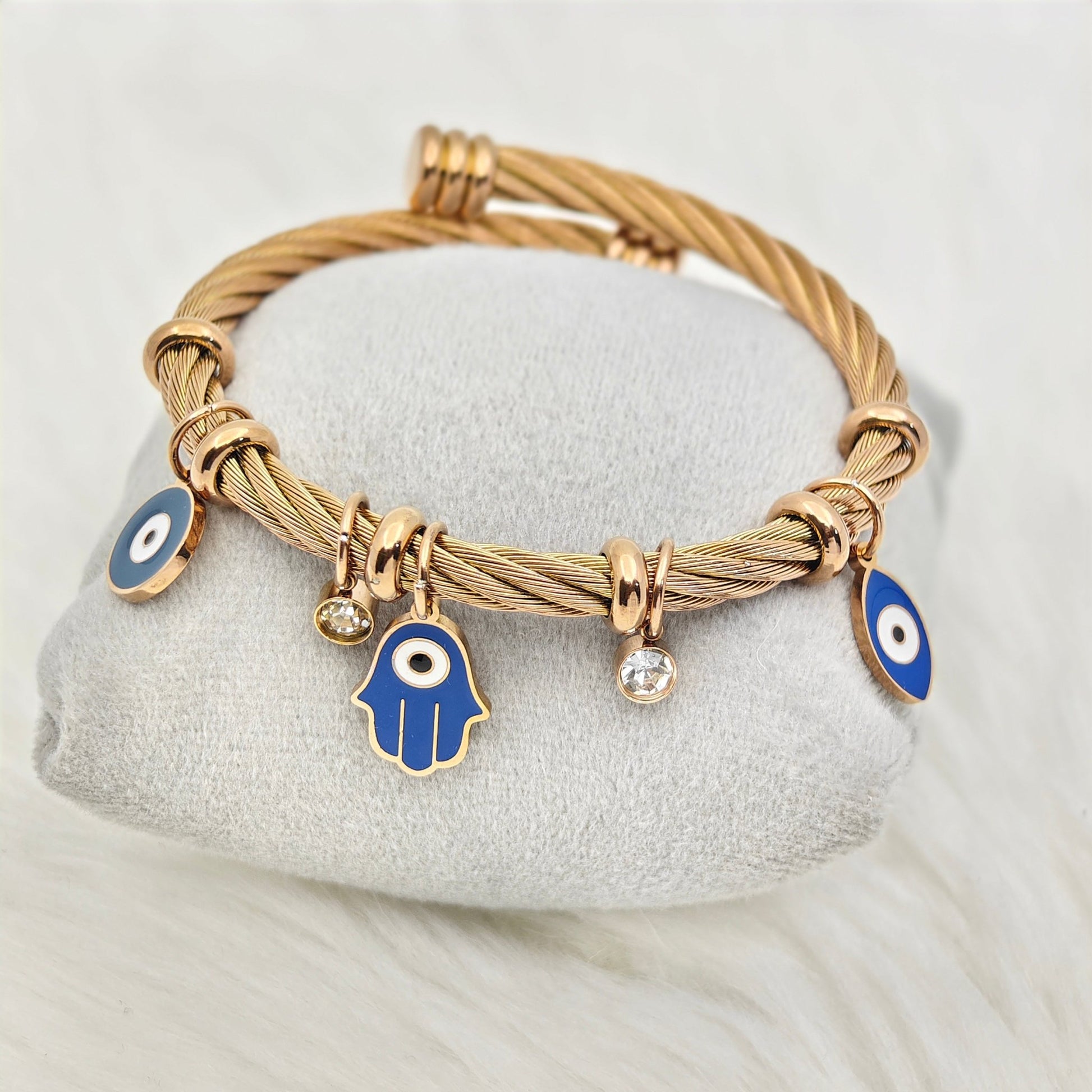 18K Rose Gold-Plated Evil Eye & Hamsa Charm Bracelet – Anti-Tarnish Stainless Steel Turkish Bangle - The Soul Jewellery