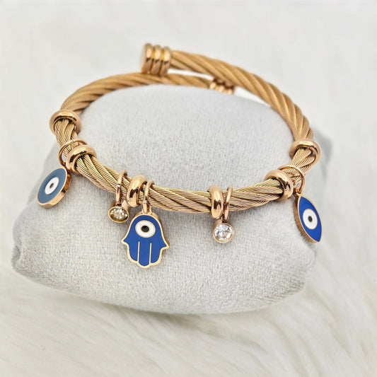 Elegant 18K Rose Gold - Plated Evil Eye & Hamsa Charm Bracelet – Anti - Tarnish Stainless Steel Turkish Bangle RGB420 - The Soul Jewellery