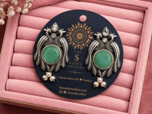 Green Stone Oxidised Peacock Earrings for Women – Vintage Pearl Drop Boho Earrings - The Soul Jewellery