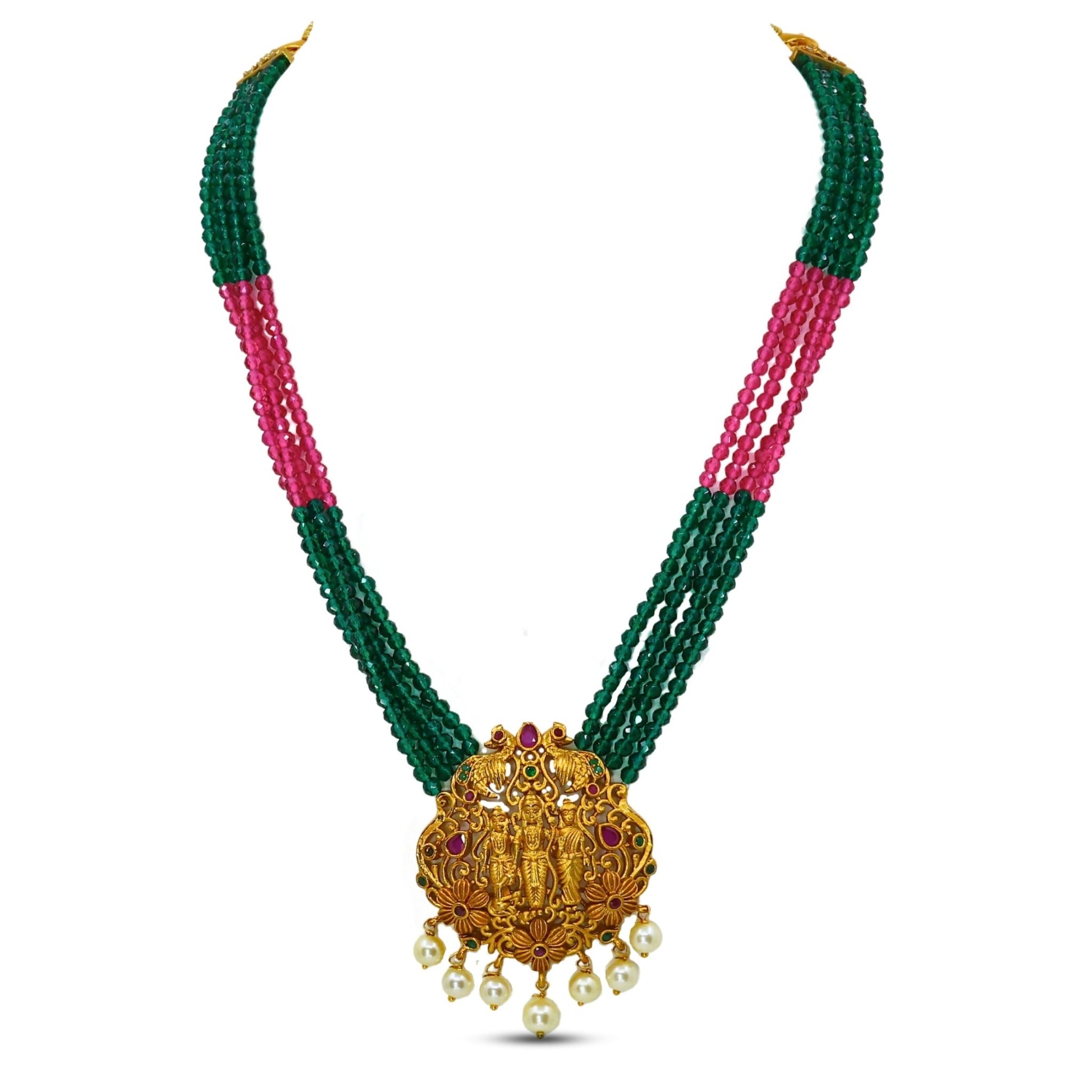 Vaidhe Antique Matte Gold Plated Short Necklace Set with Ram Sita Motif - The Soul Jewellery