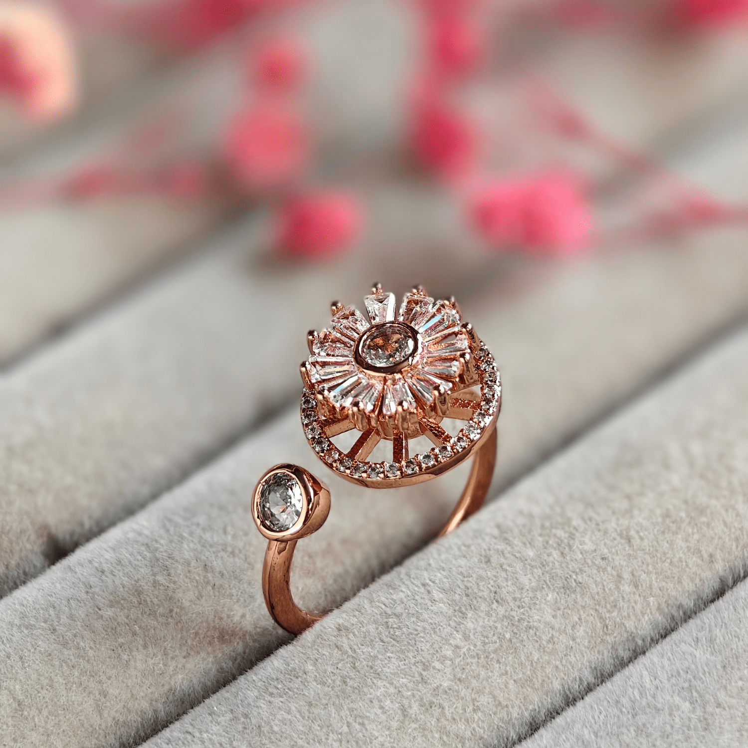 Flora Cubic Zirconia Studded Adjustable 18K Rose Gold - Plated Anti tarnish Spinner Ring RGR111 - The Soul Jewellery