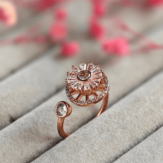 Flora Cubic Zirconia Studded Adjustable 18K Rose Gold - Plated Anti tarnish Spinner Ring RGR111 - The Soul Jewellery