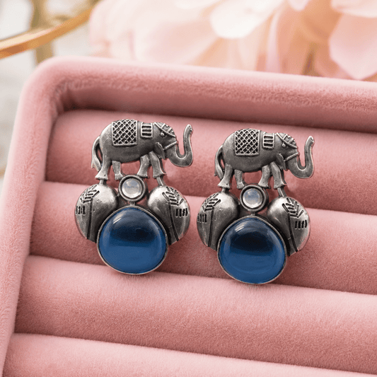 Blue Stone Elephant Oxidised Earrings for Women – Tribal Boho Earrings | Antique Silver Replica - The Soul Jewellery