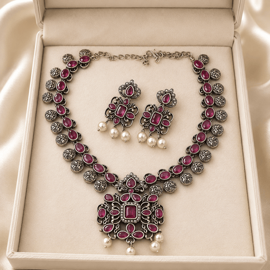 SoulBloom Heritage 6™ Antique Oxidised Temple Jewellery Set | Ruby Stone Necklace with Earrings - Soul Jewellery