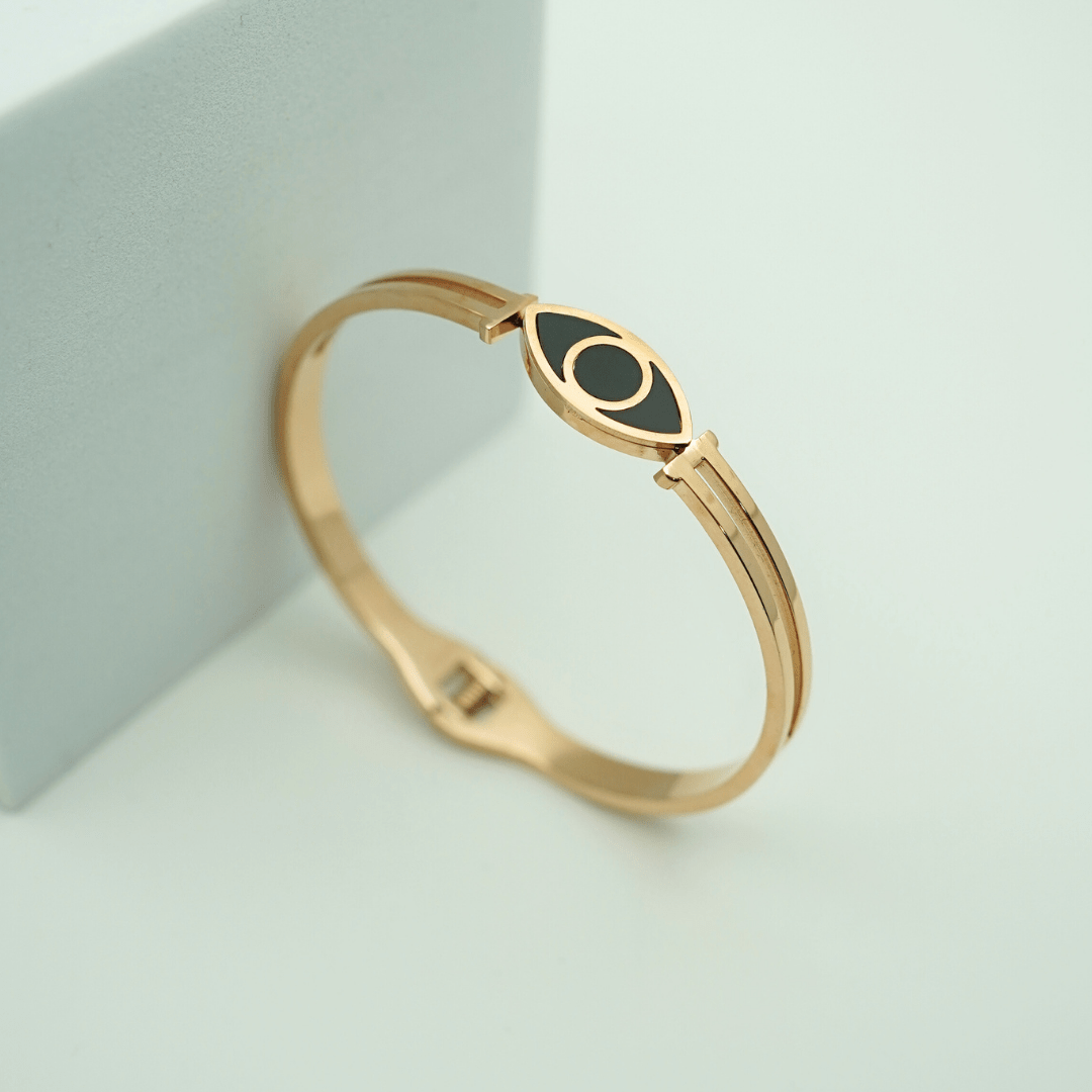 Elegant Gold Anti - Tarnish Black Evil Eye Bangle with Black Enamel Detailing Bracelet for Women- The Soul Jewellery