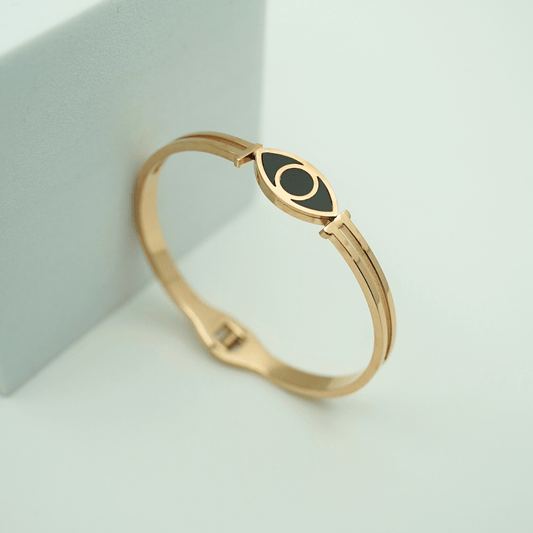 Elegant Gold Anti - Tarnish Evil Eye Bangle with Black Enamel Detailing RGB372 - The Soul Jewellery