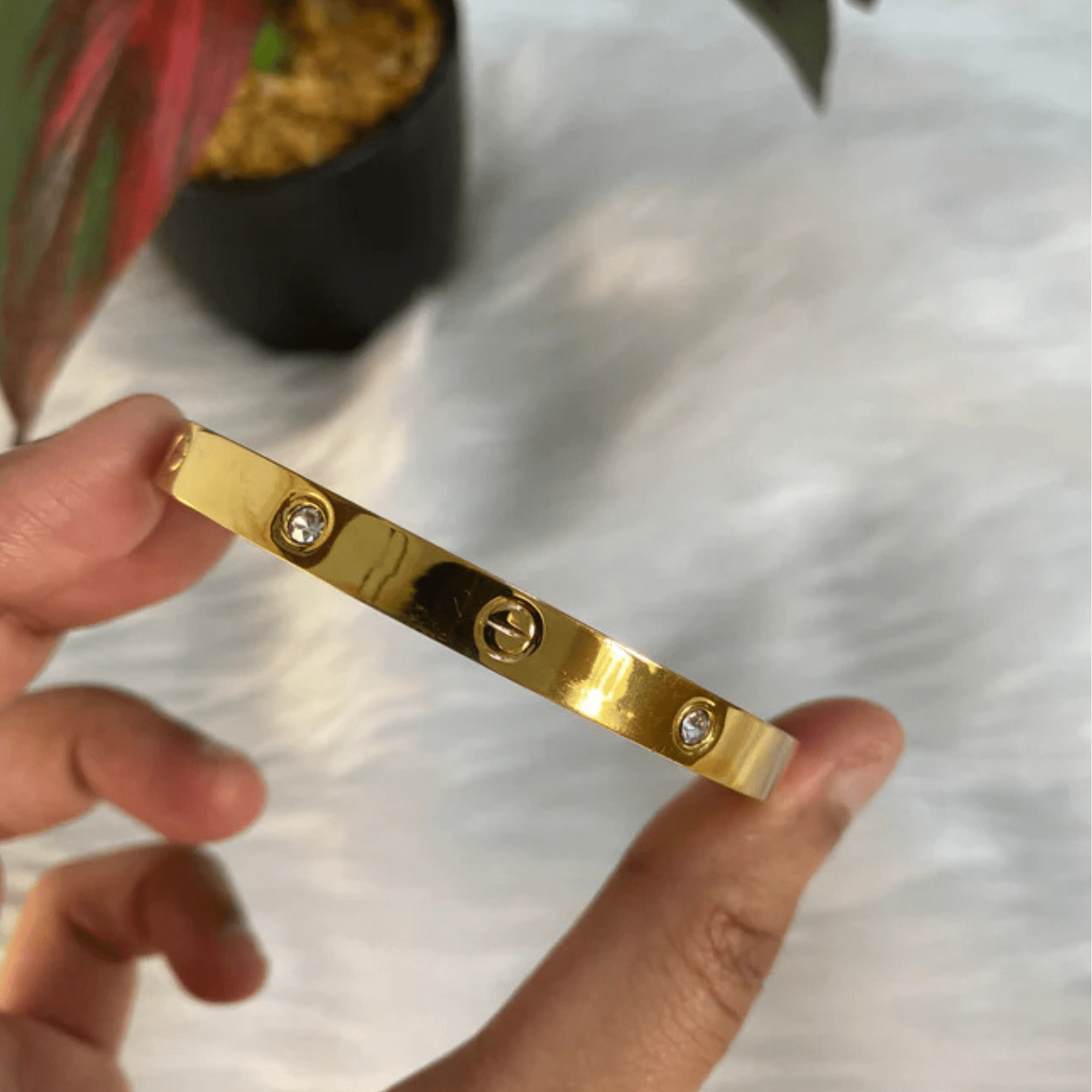 Unisex 18K Gold Kada Bracelet with Cartier Engraving – Stylish Zircon Gemstone Bangle for Men & Women RG - The Soul Jewellery