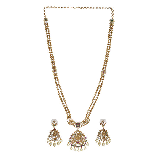 22k Golld plated Arya Antique Gold - Plated Long Temple Necklace & Earring Set - The Soul Jewellery