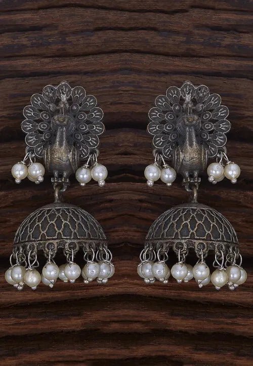 Mayura Pearl Jhumka Earrings for Women – Oxidized Silver Peacock Dome Earrings with Pearl Drops - The Soul Jewellery