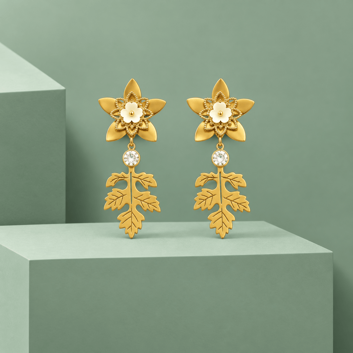 Gold-Tone Stainless Steel Floral Leaf Drop Earrings for Women | White Flower & Crystal Dangle Earrings - Soul Jewellery