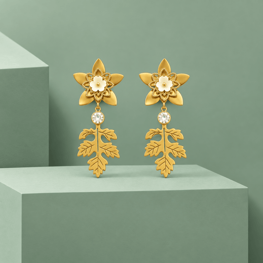 Gold-Tone Stainless Steel Floral Leaf Drop Earrings for Women | White Flower & Crystal Dangle Earrings - Soul Jewellery