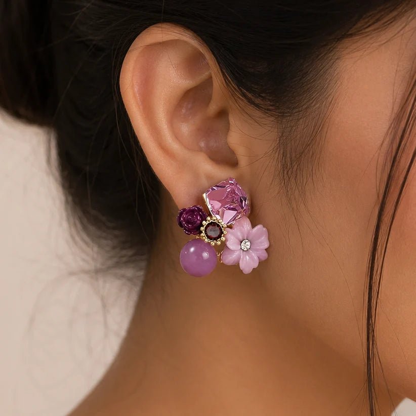 AURÉLIA AMORE LUXE 6™ Purple Floral Crystal Statement Earrings | Pink Gemstone & Flower Drop Studs - Soul Jewellery
