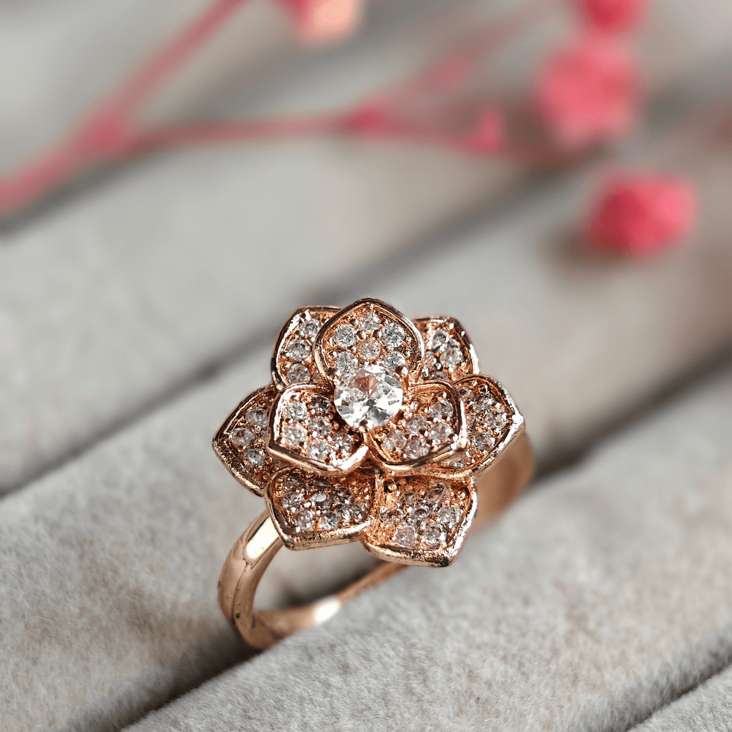 Magnolia Cubic Zirconia Studded Adjustable 18K Rose Gold - Plated Anti tarnish Spinner Ring RGR105 - The Soul Jewellery