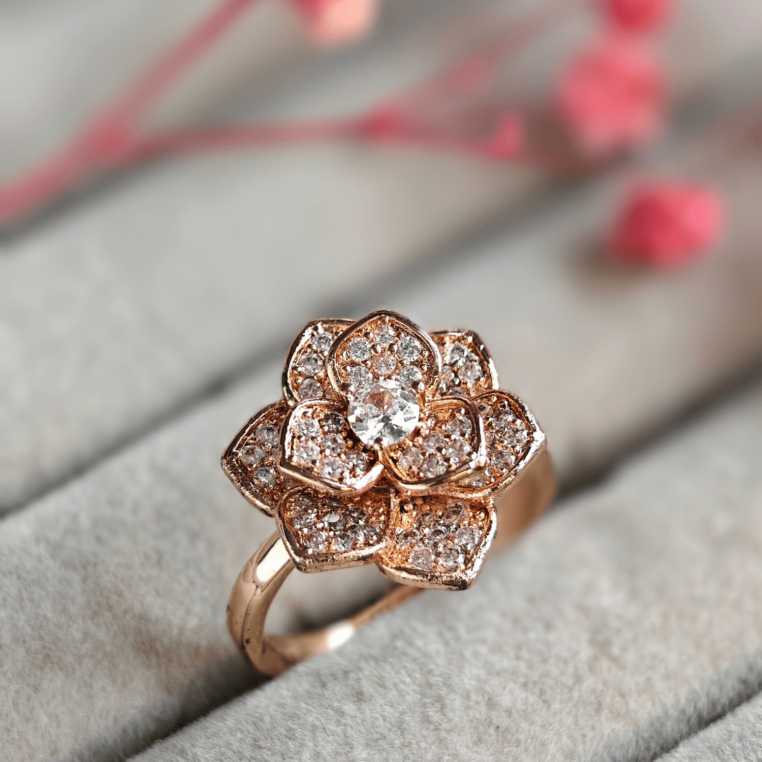Magnolia Cubic Zirconia Studded Adjustable 18K Rose Gold - Plated Anti tarnish Spinner Ring RGR105 - The Soul Jewellery