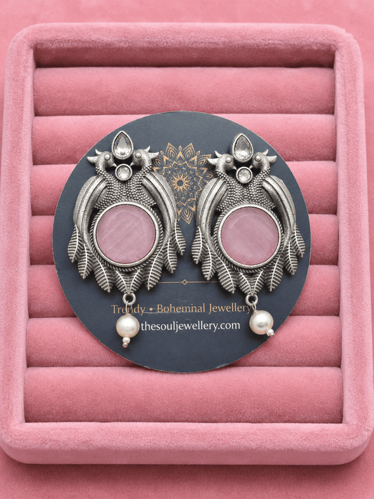 Aurelia Pink Stone Oxidised Earrings for Women – Silver Peacock Leaf Ear rings with Pearl Drops - The Soul Jewellery