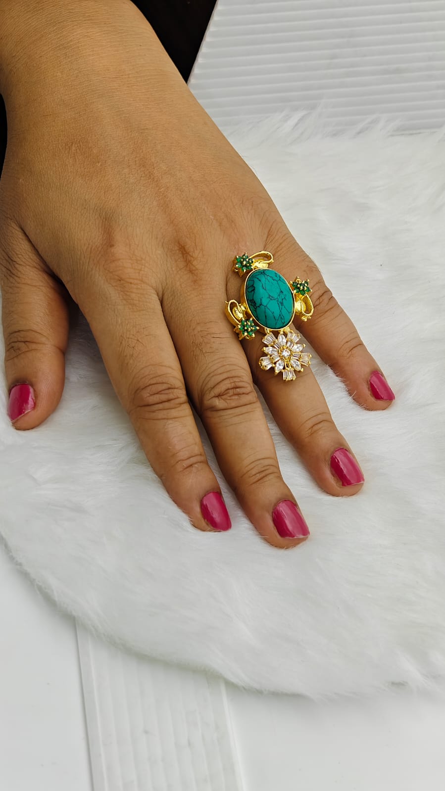 Premium Gold - Plated Brass Ring with Turquoise Natural Stone – Floral CZ - Studded Statement Ring for Women - The Soul Jewellery