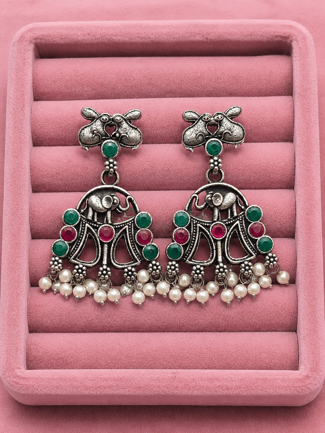 Oxidised Elephant Pearl Earrings for Women – Boho Tribal Earrings with Green & Red Stones - The Soul Jewellery