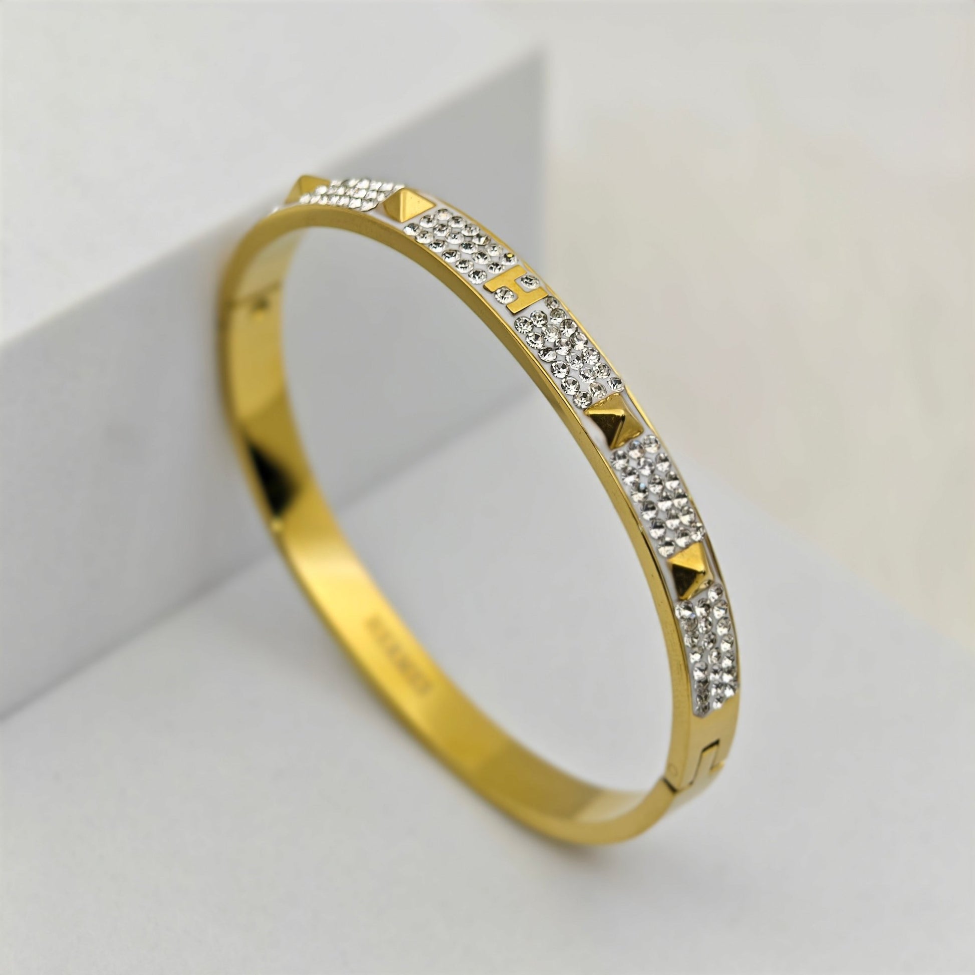 - Luxury 22K Gold Plated Anti-Tarnish Pyramid CZ Bracelet – Stainless Steel Crystal Studded Bangle - The Soul Jewellery