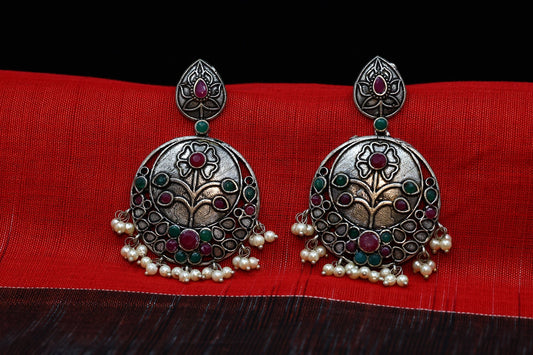 Timeless Elegant German Silver Earrings with Red and Green Stones - The Soul Jewellery
