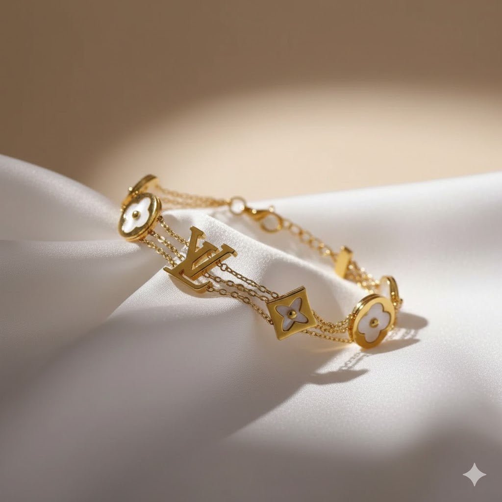 LuxeClover 8Élite Demi-Fine Anti-Tarnish Layered Unisex Bracelet with MOP Clover & LV-Inspired Logo - The Soul Jewellery