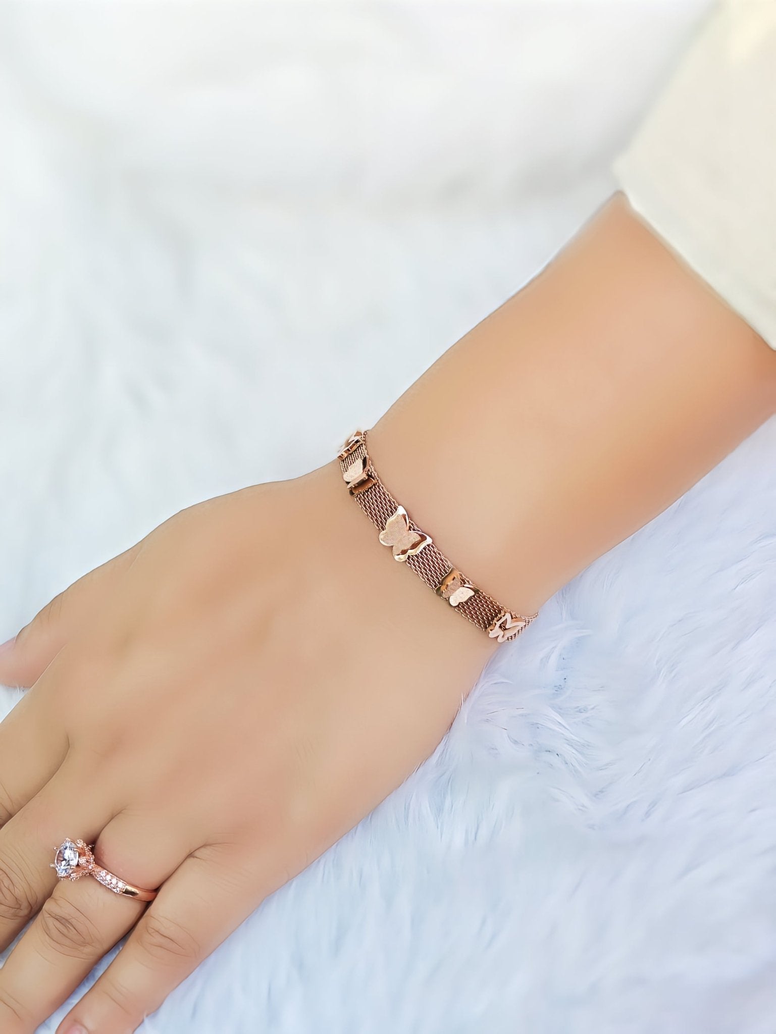 18K Rose Gold Plated Anti Tarnish Stone Fusion Butterfly Chain Bracelet RGB185 - The Soul Jewellery