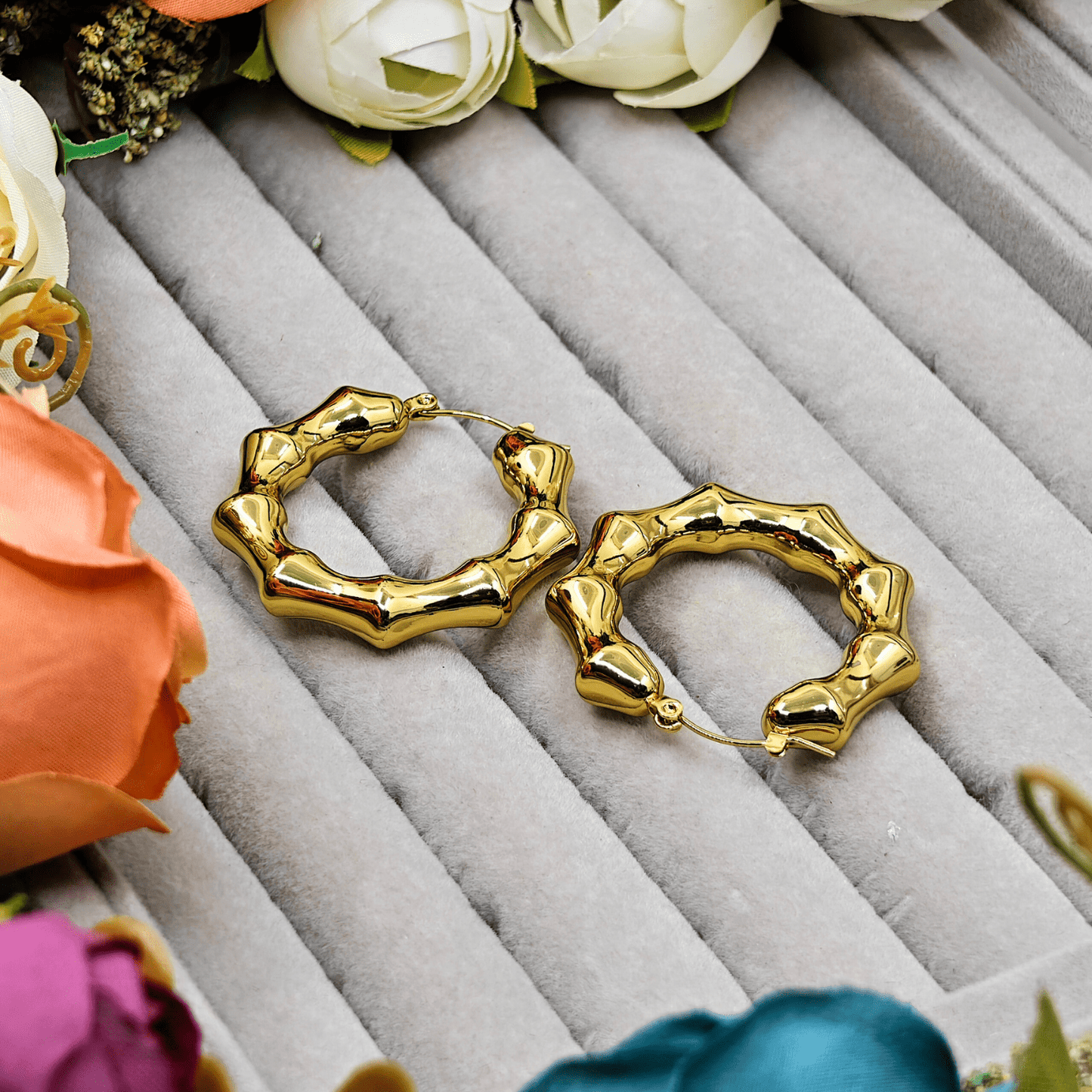 18 K Gold Plated Anti Tarnish Bambu Hoops Earring ATER130 - The Soul Jewellery