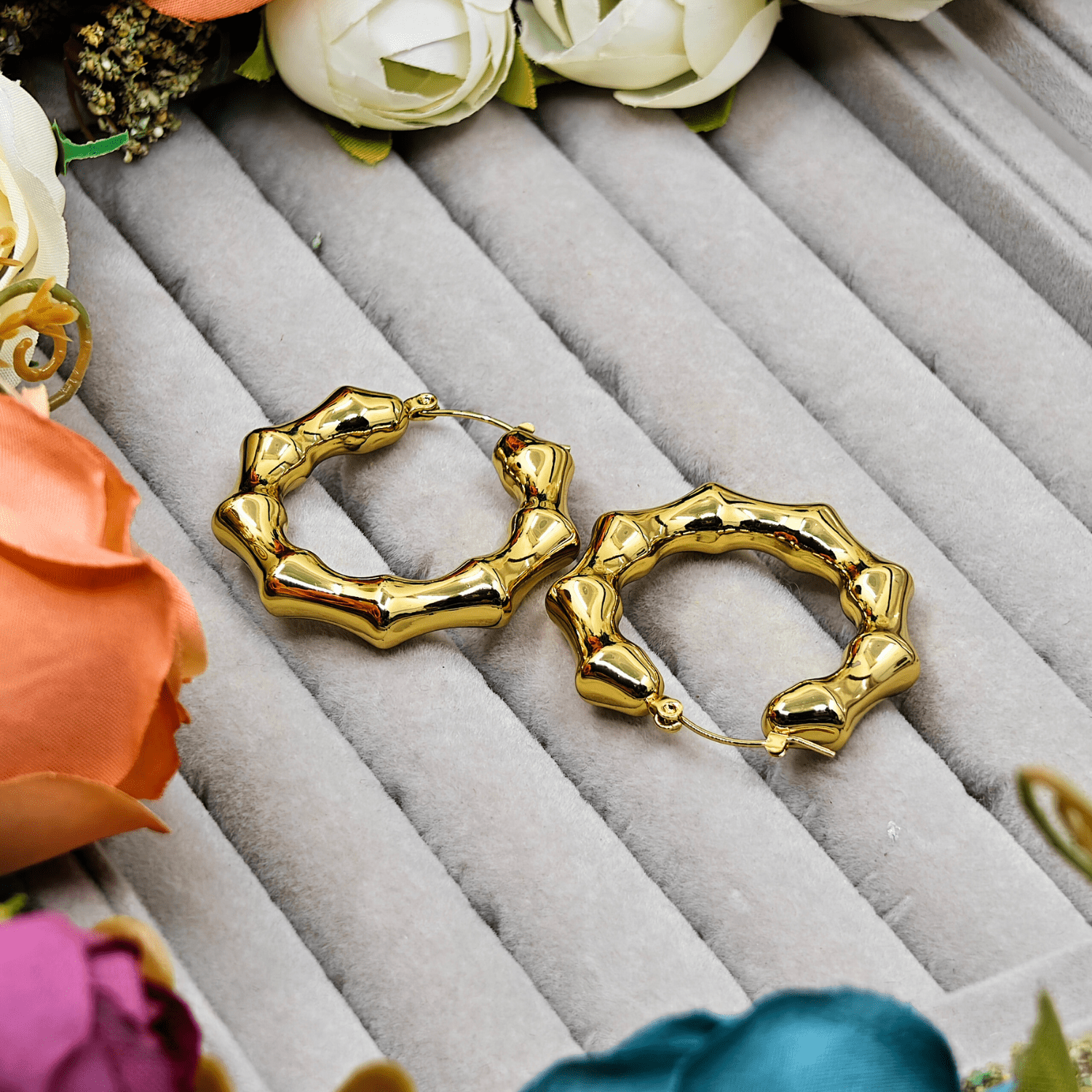 18 K Gold Plated Anti Tarnish Bambu Hoops Earring ATER130 - The Soul Jewellery