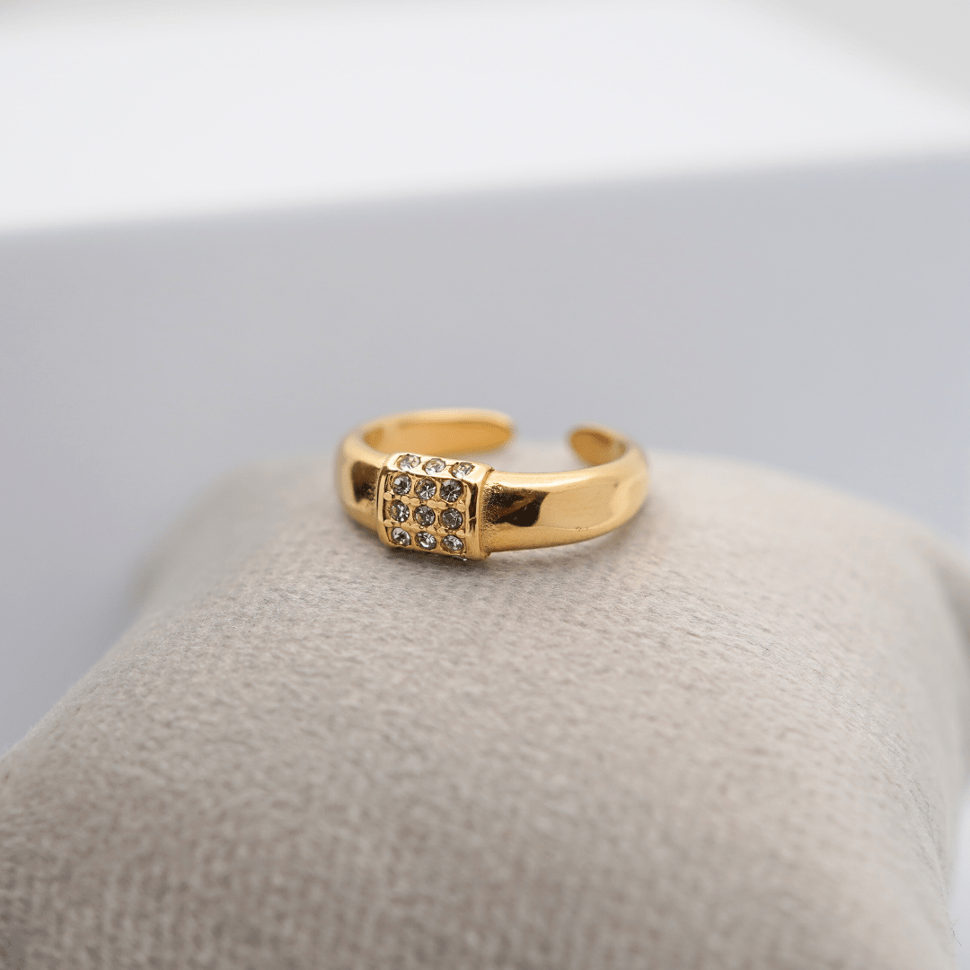 Elegant Anti - Tarnish 18K Yellow Gold Plated Arin Adjustable Ring with Crystal Accents – Timeless and Stylish Design RGR201 - The Soul Jewellery