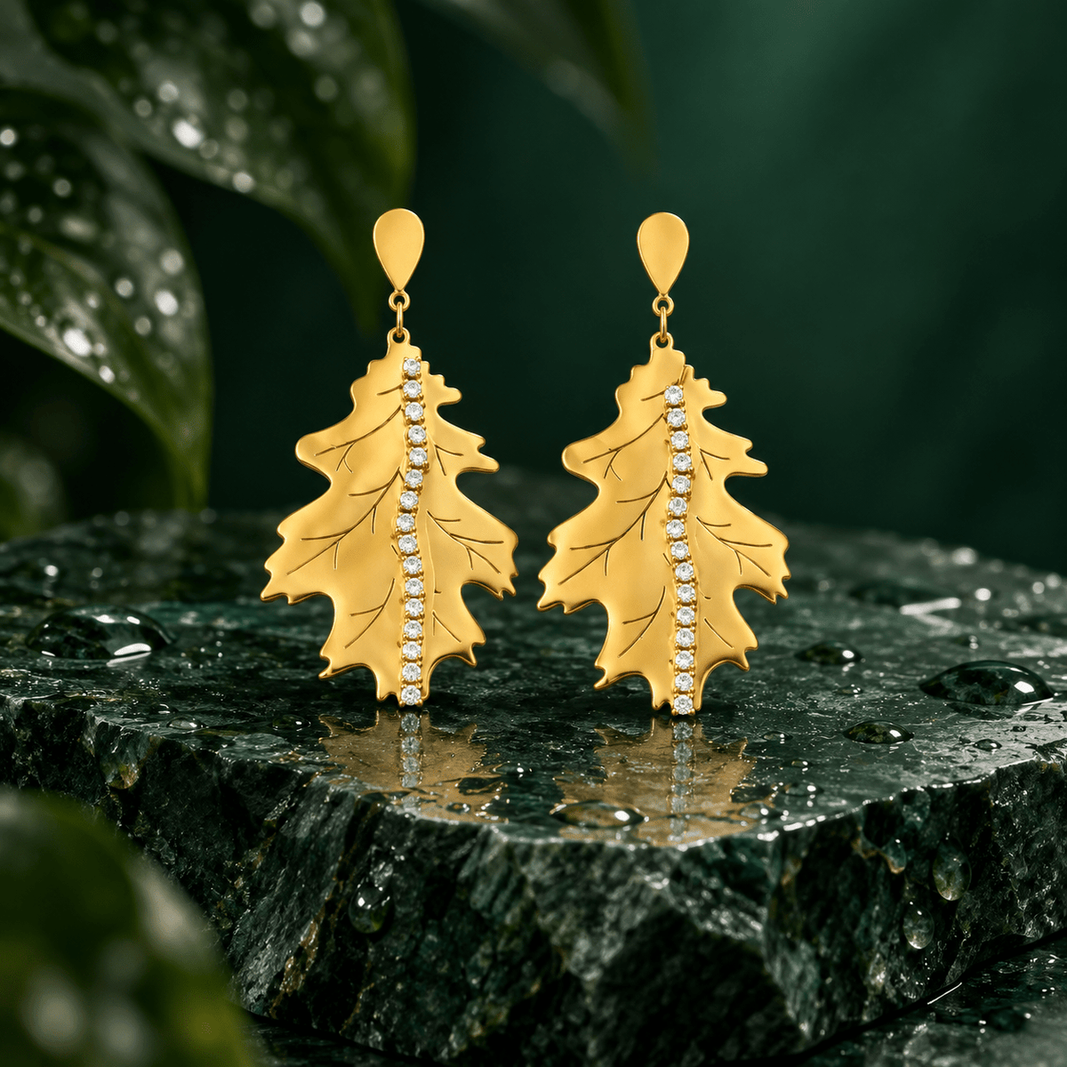 Gold-Tone Stainless Steel Crystal Leaf Drop Earrings for Women | Elegant Statement Dangle Earrings - Soul Jewellery