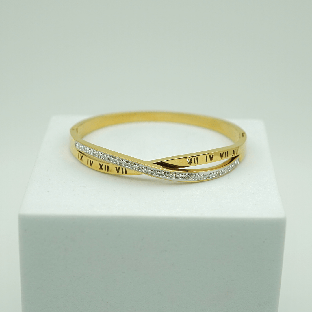 Luxury 18K Gold Plated Anti-Tarnish Roman Numeral Bangle Bracelet with Pave CZ Accents for Women - The Soul Jewellery