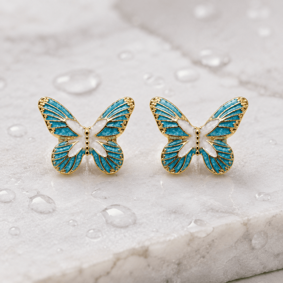 Turquoise Blue Butterfly Stud Earrings for Women – Gold-Tone Enamel Butterfly Earrings - Soul Jewellery