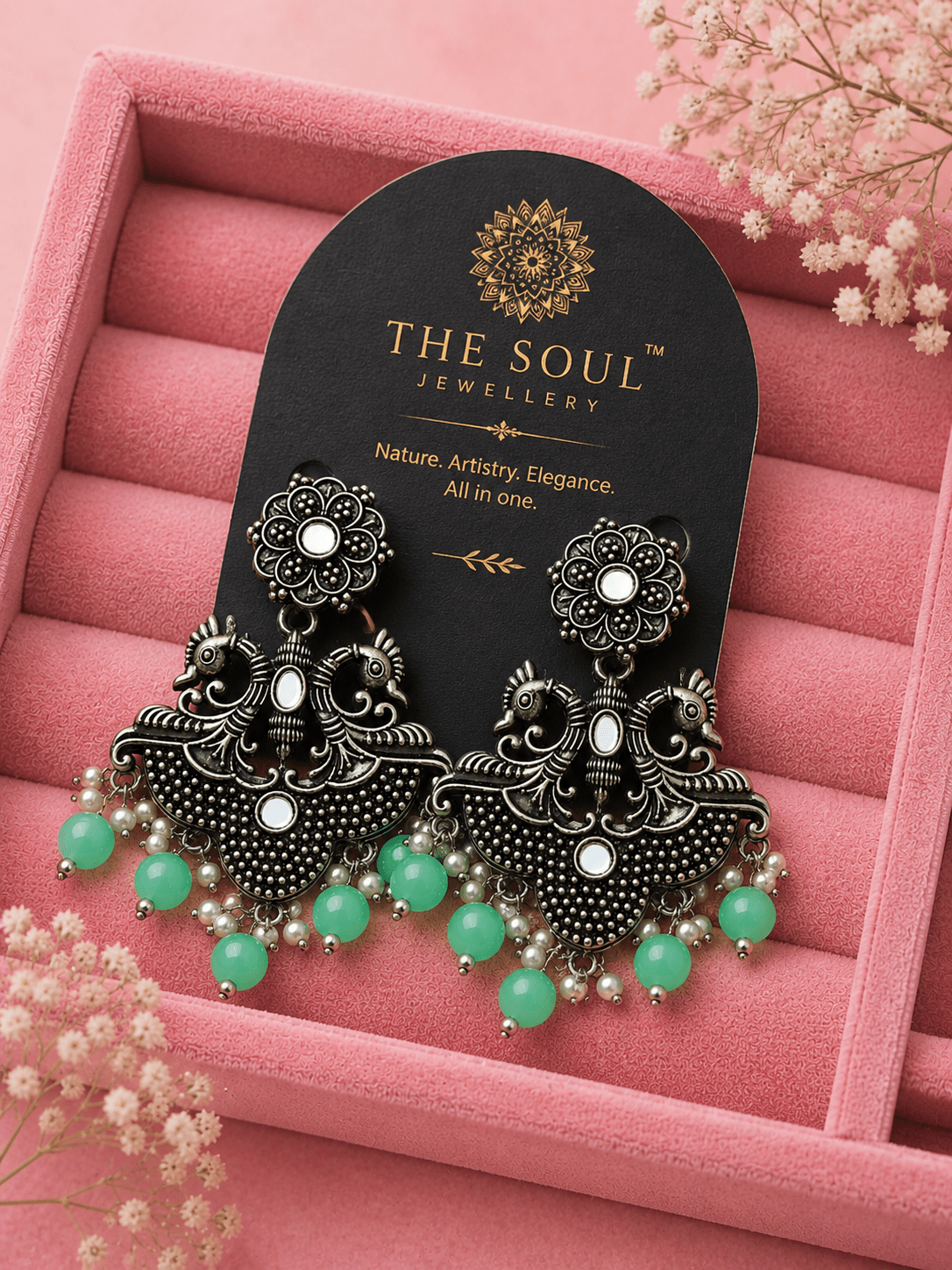 Luxury Oxidised Silver Peacock Chandbali Earrings with Mint Green Beads | Traditional Indian Statement Earrings for Women - The Soul Jewellery