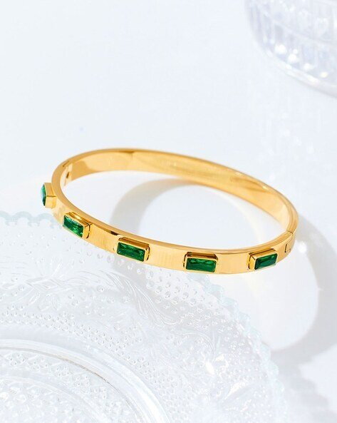 18K Gold Plated Anti - Tarnish Emerald Green Stone Bangle – Elegant Openable Daily Wear Bracelet - The Soul Jewellery