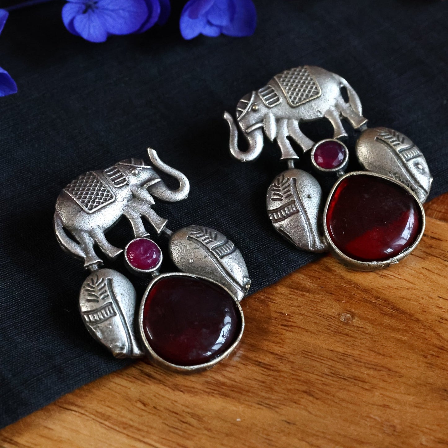 Elephant Motif Oxidized Silver Replica with Red Monalisa Stones GSE393R - The Soul Jewellery
