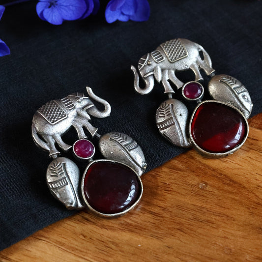 Elephant Motif Oxidized Silver Replica with Red Monalisa Stones GSE393R - The Soul Jewellery