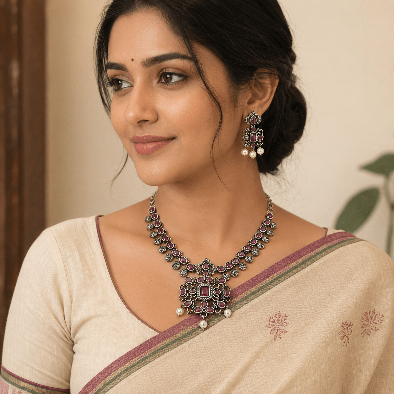 SoulBloom Heritage 6™ Antique Oxidised Temple Jewellery Set | Ruby Stone Necklace with Earrings - Soul Jewellery