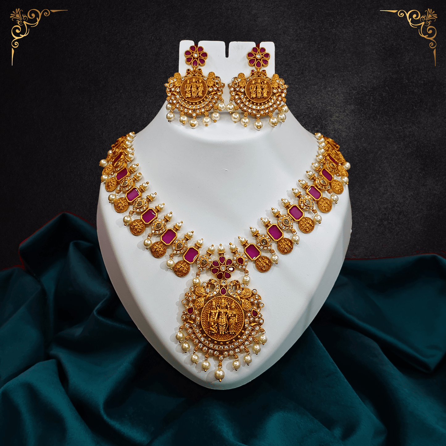 Siya Ram Antique Gold Plated Short Necklace Set with Ram Sita Coin Design - The Soul Jewellery