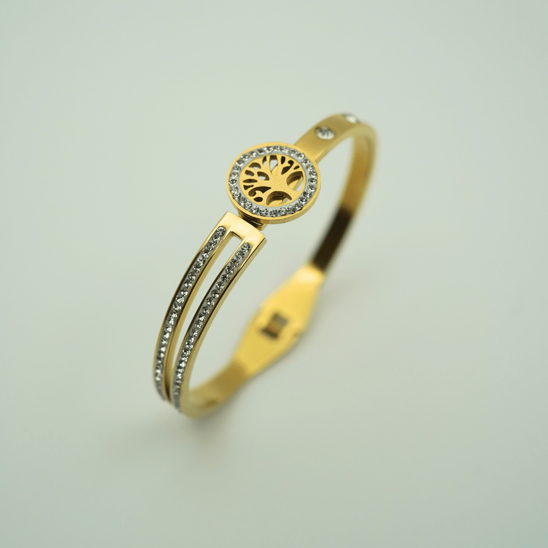 Luxury 18K Gold - Plated Anti - Tarnish Bangle with Tree of Life Design and Crystal Accents RGB352 - The Soul Jewellery