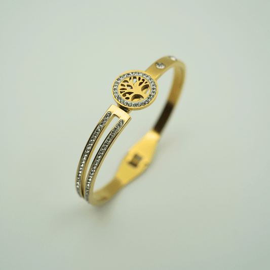 Luxury 18K Gold - Plated Anti - Tarnish Bangle with Tree of Life Design and Crystal Accents RGB352 - The Soul Jewellery