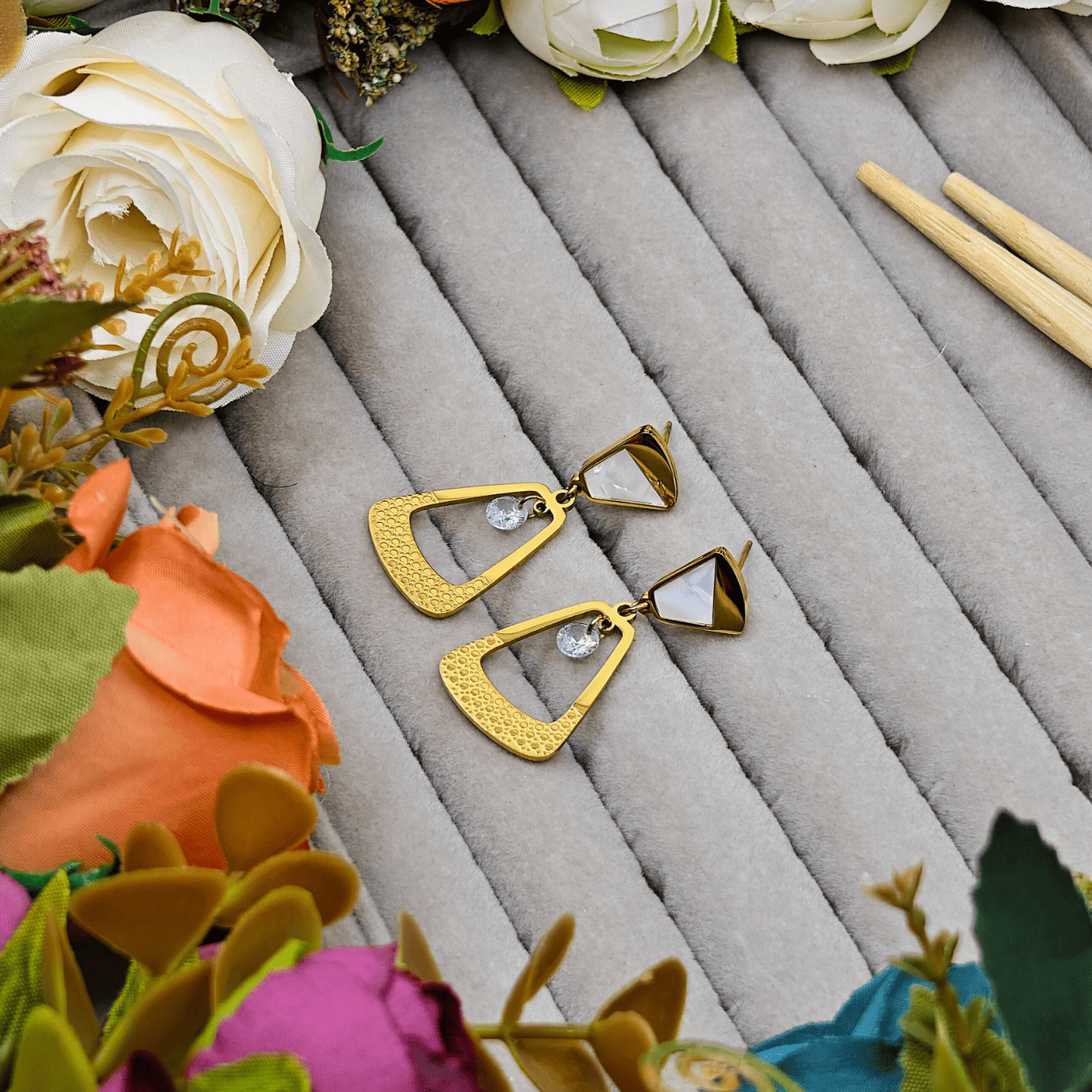 18 K Gold Plated Anti Tarnish MOP Studded Drop & Dangle Earring ATER128 - The Soul Jewellery