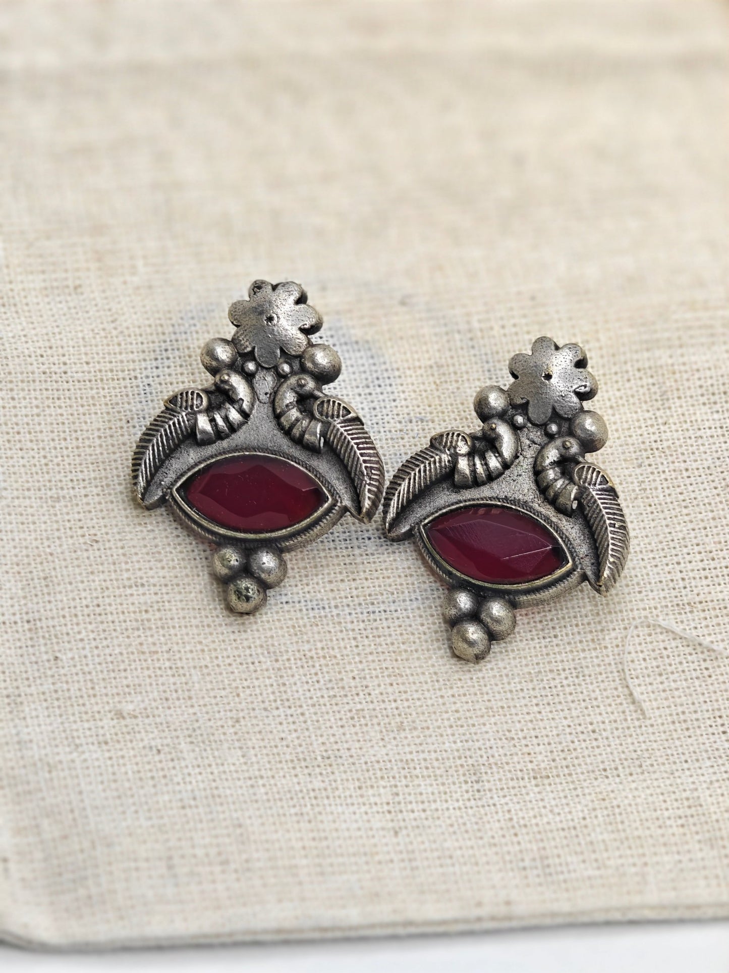 Antique Silver Replica Earrings with Red Stone | Festive Ethnic Jewellery for Women – Limited Time Offer - The Soul Jewellery