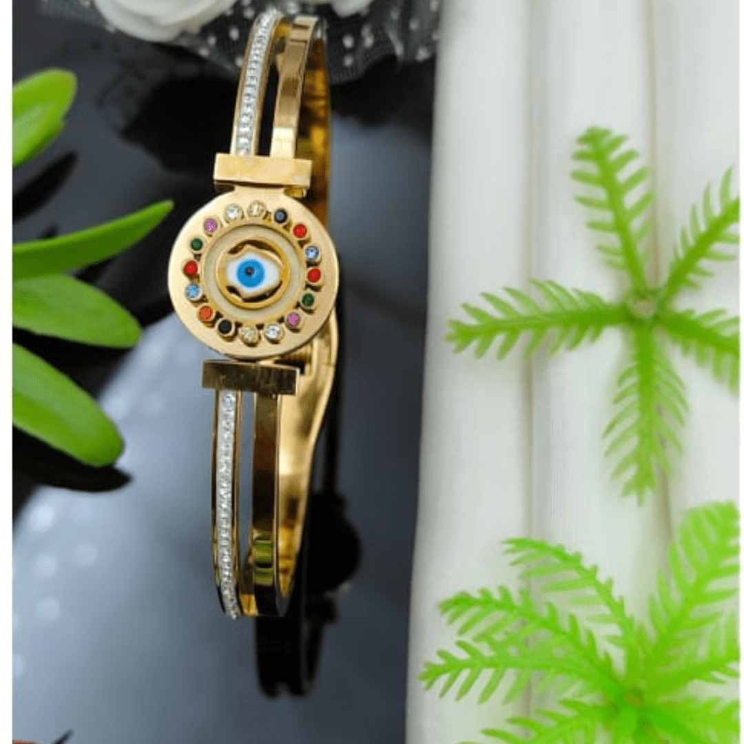 tylish 18K Rose Gold Plated Anti - Tarnish Rotating Evil Eye Bangle with Crystal Details RGB402 - The Soul Jewellery