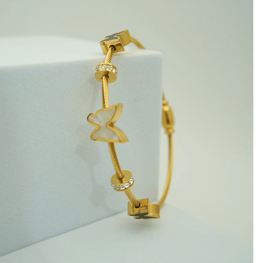 Luxury 18K Gold Plated Anti - Tarnish Cable Charm Bangle with Butterfly and Crystal Accents – Openable Design RGB304 - The Soul Jewellery